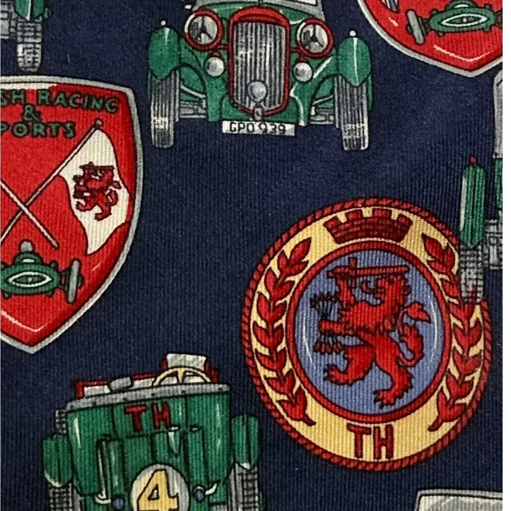 VTG Tommy Hilfiger Silk Necktie Heraldic Crest Shield Race Car Blue Red Made USA